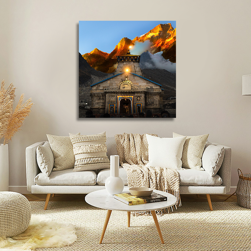 Kedarnath Temple Canvas Wall Frame | Kedarnath Canvas Wall Frame Living room with a large wall art piece of a mountain temple.
