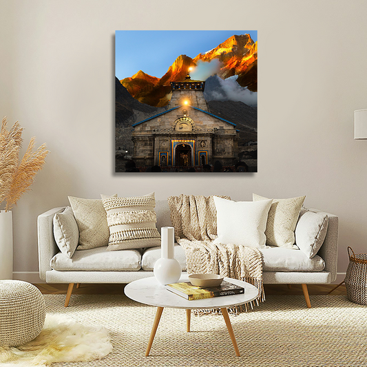 Kedarnath Temple Canvas Wall Frame | Kedarnath Canvas Wall Frame Living room with a large wall art piece of a mountain temple.