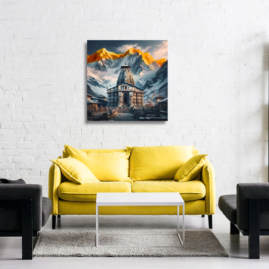 Kedarnath Temple Canvas Wall Frame | Kedarnath Canvas Wall Frame Yellow sofa in a living room with a mountain-themed painting on the wall.