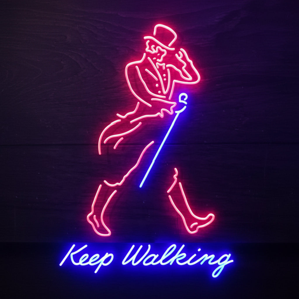 Motivational Keep Walking LED neon wall sign with stylish gentleman artwork for cafés, pubs and modern interiors