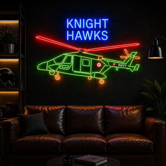 Custom military helicopter LED neon wall sign featuring Knight Hawks text for offices, gaming rooms and aviation enthusiasts