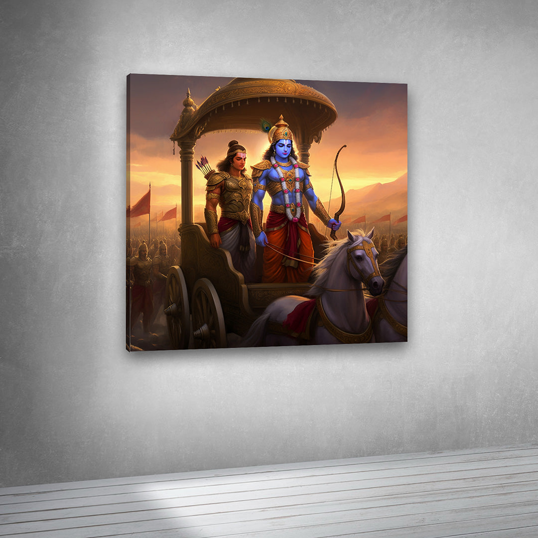 Lord Krishna chariot artwork canvas print for spiritual interiors