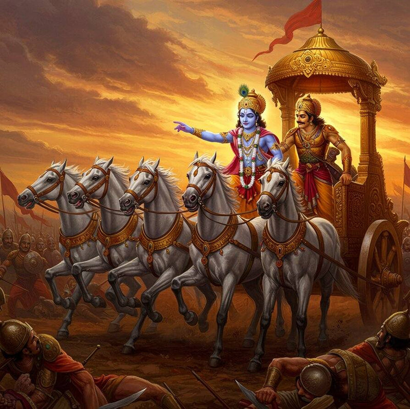 God in a chariot pulled by horses with a warrior in the foreground