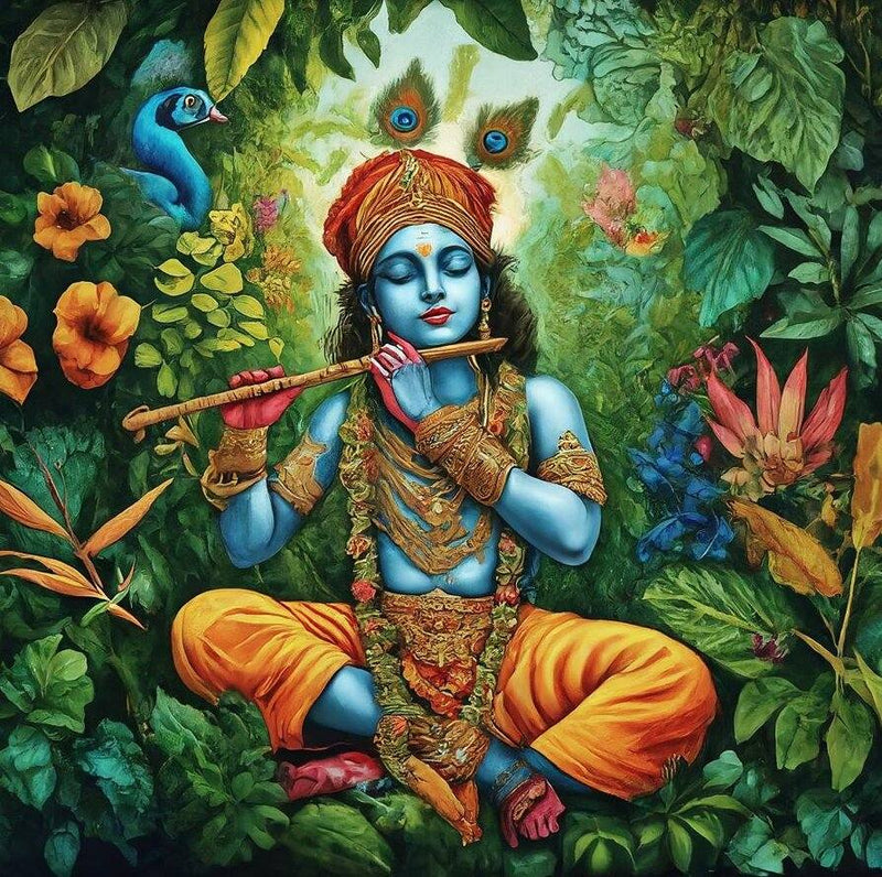 Krishna In Forest Blowing flute Wall Decor for Living Room Blue-skinned figure playing a flute in a lush, colorful garden with peacocks and flowers.