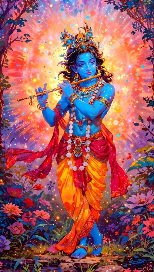 Krishna Playing Flute Canvas | Spiritual Vibrant Wall Painting Blue-skinned figure in traditional attire holding a flute amidst a colorful, fantasy-like background with flowers and trees.