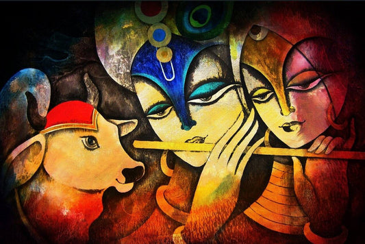 Krishna Playing Flute for Radha Canvas Painting | For Wall Decor Blue-skinned figure playing a flute in a lush, colorful garden with peacocks and flowers.