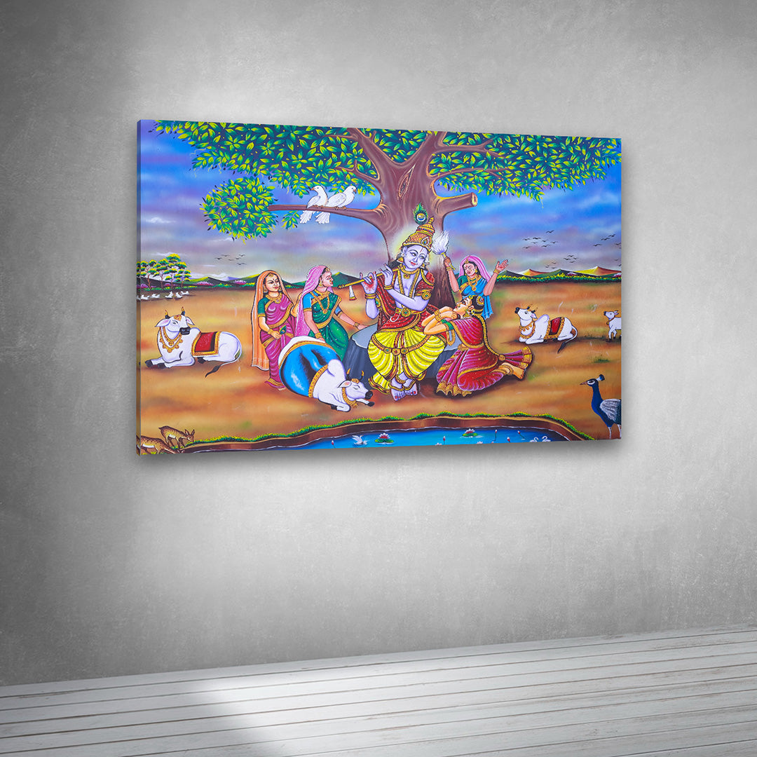 Radha Krishna village artwork canvas print for spiritual interiors