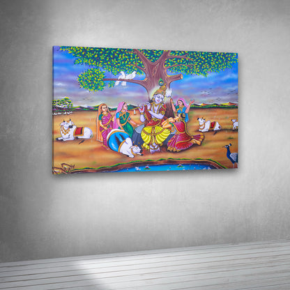 Radha Krishna village artwork canvas print for spiritual interiors