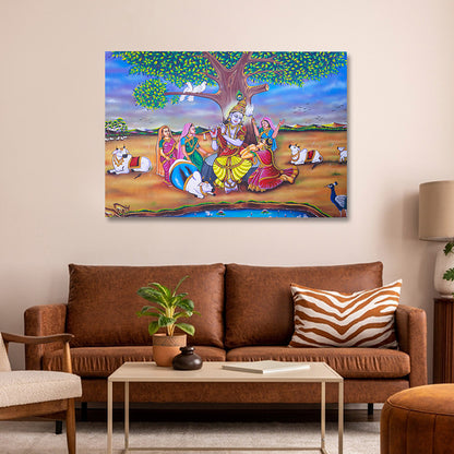 Krishna Raas Leela wall painting on premium canvas for spiritual home decor