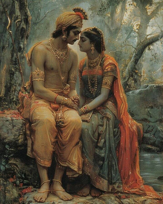 Krishna Radha Wall Canvas Framed | Wall Canvas Painting Spiritual ArtTwo people in traditional attire sitting by a stream with a forest background