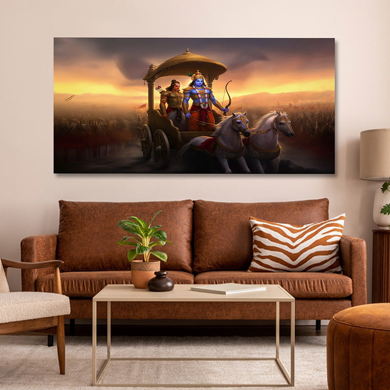 Krishna and Arjuna on chariot during Kurukshetra war Mahabharata wall painting