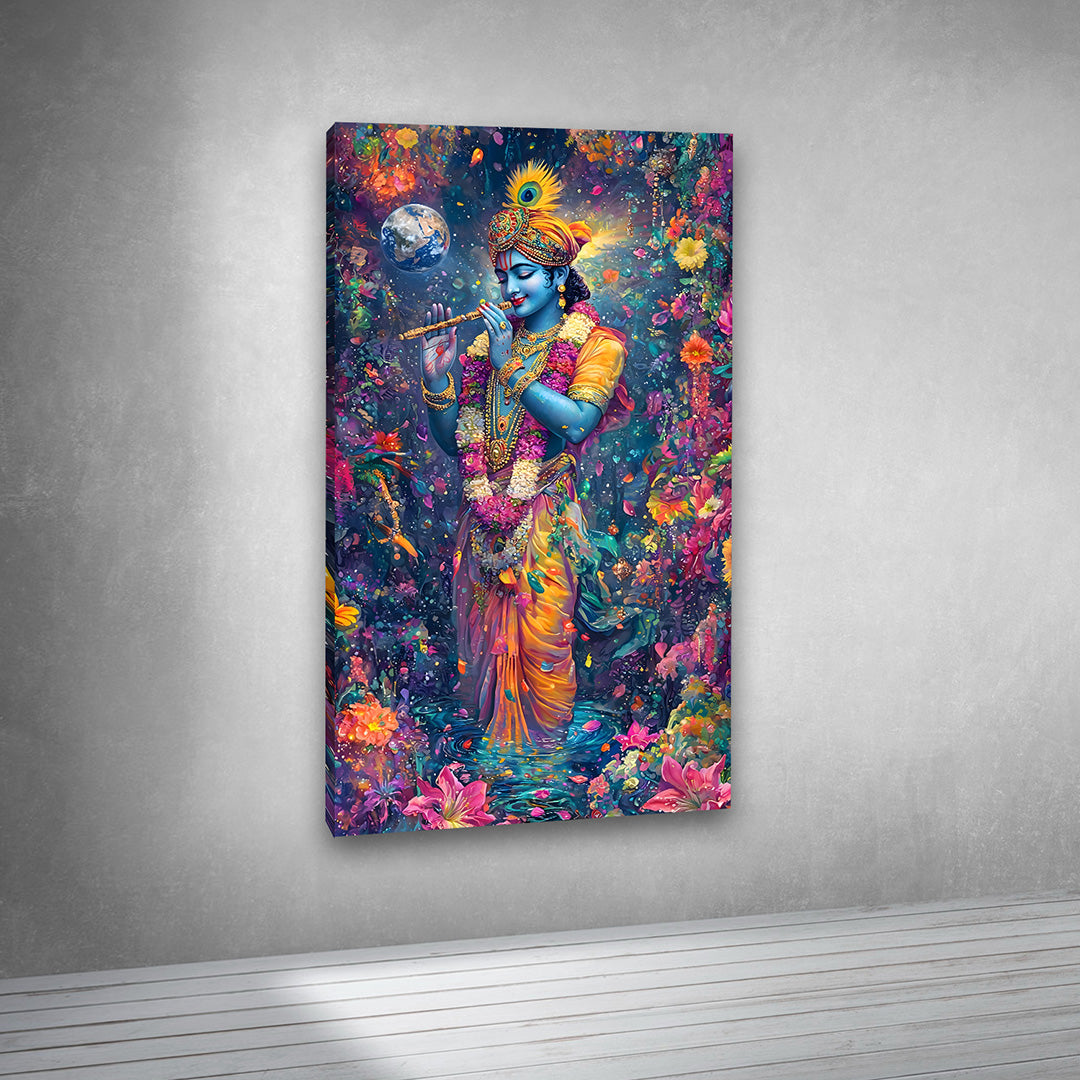 Krishna flute colorful floral canvas painting wall art frame spiritual decor