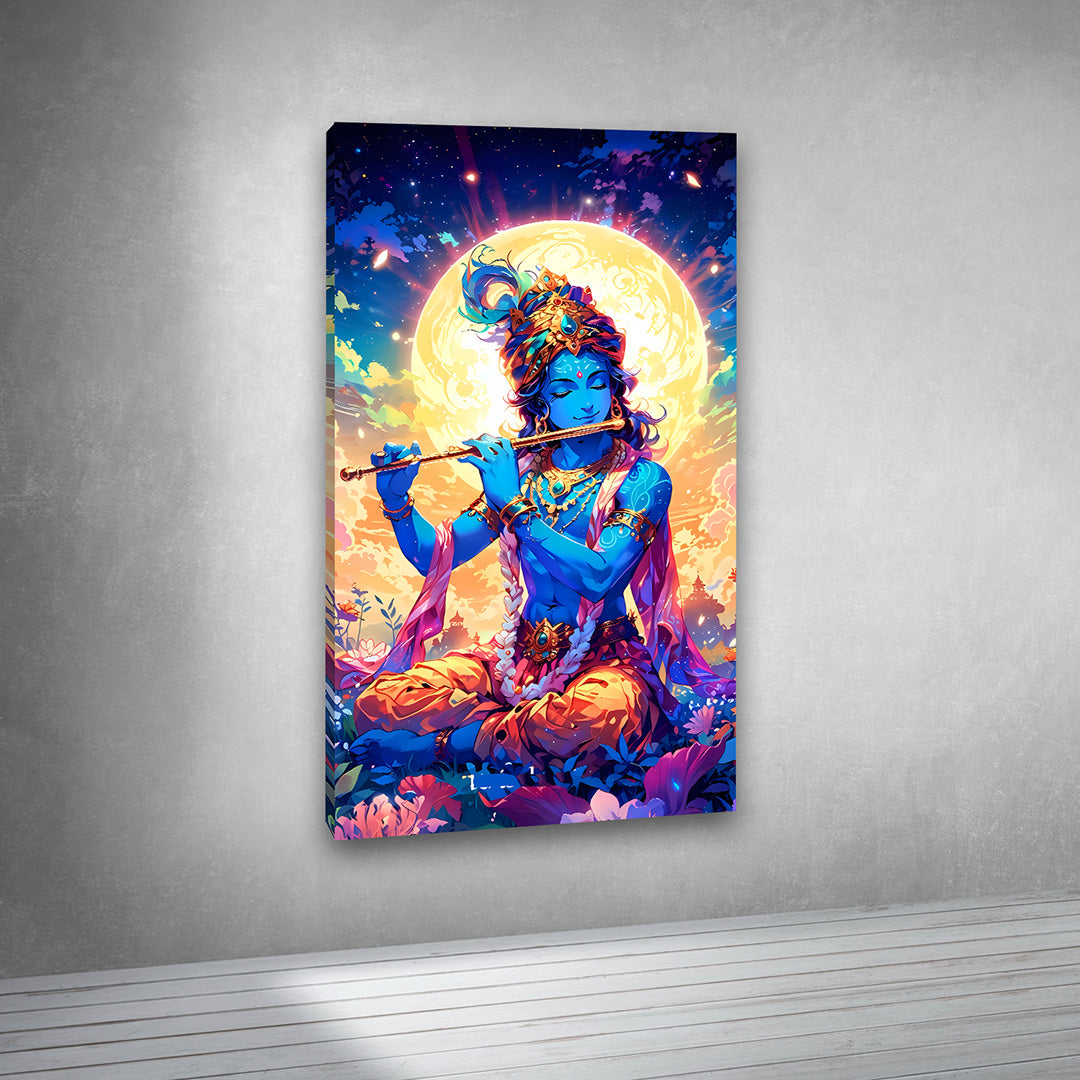Krishna flute full moon colorful canvas painting wall art frame spiritual decor