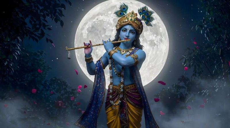 Krishna on Moon Wallpaper for Living Room and Temple Room Blue-skinned figure holding a staff against a moonlit sky with flowers falling