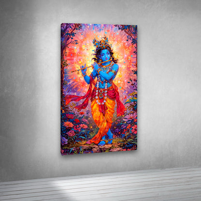 Krishna playing flute colorful canvas wall art painting frame spiritual decor