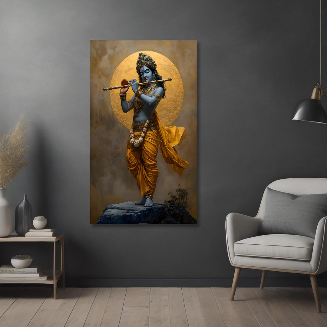 Krishna standing on rock playing bansuri canvas for living room spiritual decor