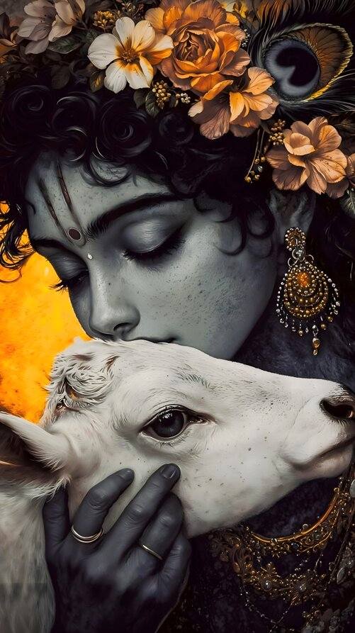 Krishna with Calf Canvas Painting | Divine Bond of Love & Compassion Art Artistic depiction of a deity with floral crown and cow, with a warm background.