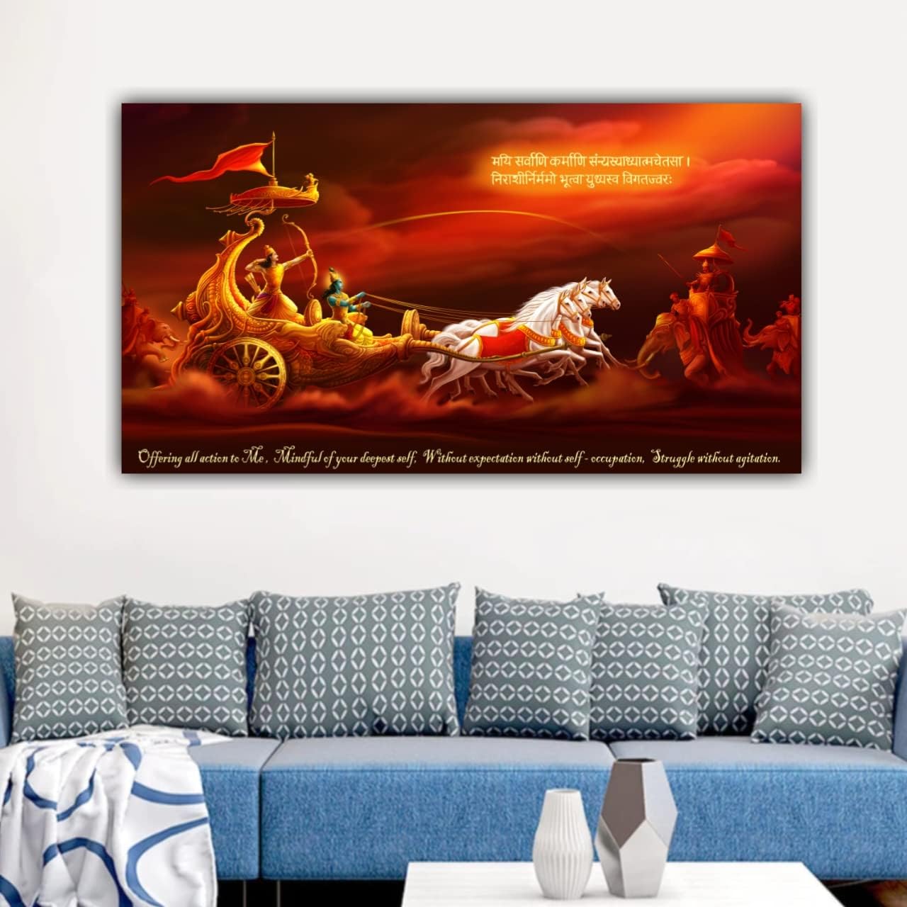 Kurukshetra battle scene painting with Lord Krishna guiding Arjuna wall decor