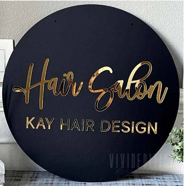 Round Acrylic Sign | Custom 3D Gold Script Salon Logo Board for Beauty Bar & Studio Branding