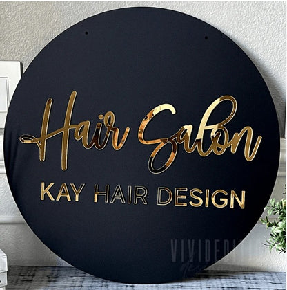 Round Acrylic Sign | Custom 3D Gold Script Salon Logo Board for Beauty Bar & Studio Branding