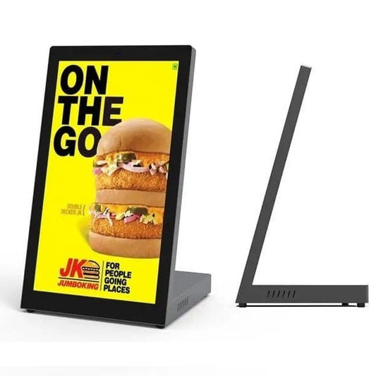 LED Digital Standee Video Display Signage for Branding, Advertising | 24" Table Top Digital Advertising Display Screen | Led Video Standee Digital display with a burger graphic and text on a white background