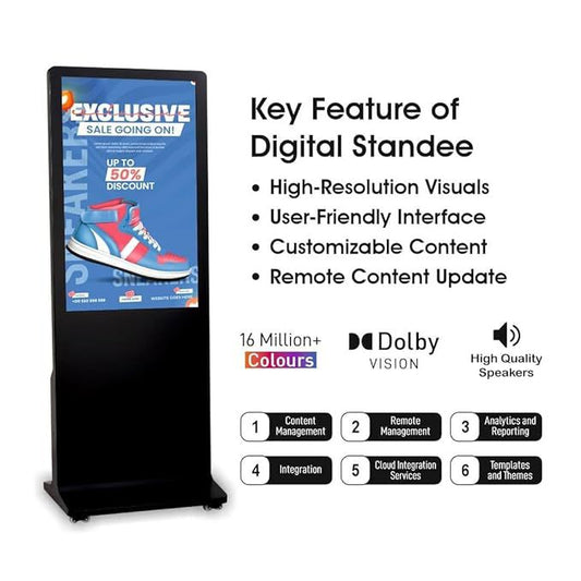 LED Digital Standee Video Display Signage for Branding, Advertising | Digital Advertising Display Screen | Led Video Standee Digital standee with promotional display and feature list on a white background
