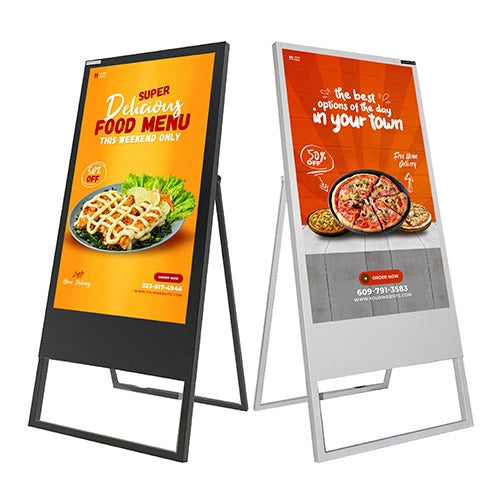 LED Digital Standee Video Display Signage for Branding, Advertising | Digital Advertising Display Screen | Led Video Standee 32" A Type
 Two digital menu boards displaying food advertisements on a white background.