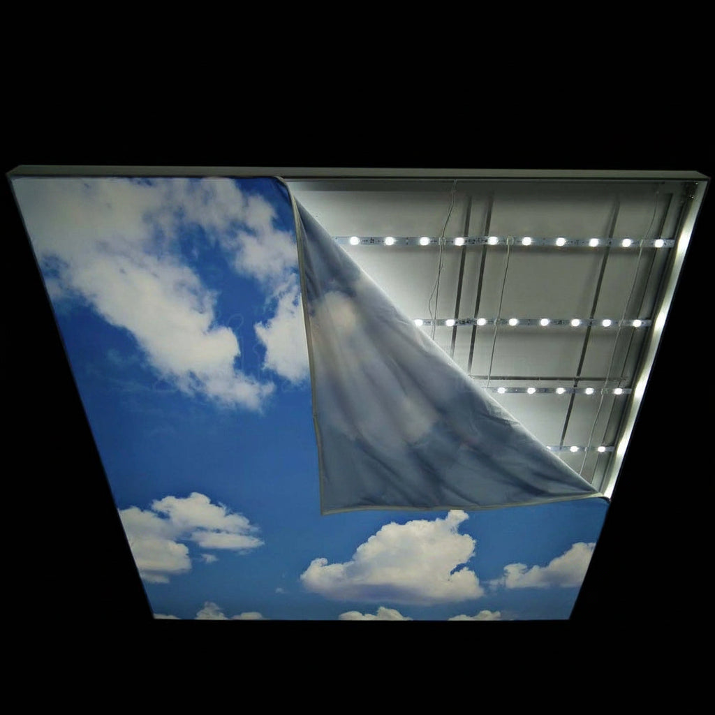 Backlit fabric ceiling light panel showing removable printed fabric and LED illumination