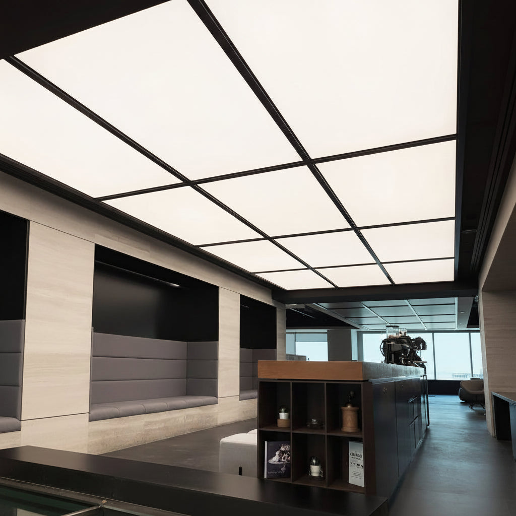 Large backlit fabric ceiling light panels providing continuous illumination in a contemporary commercial space