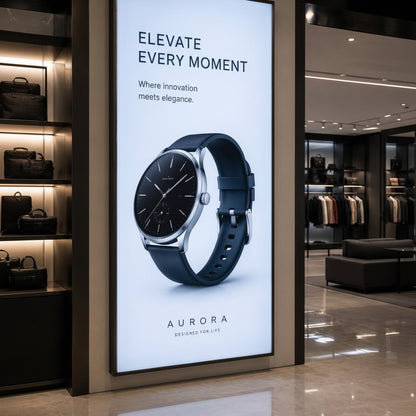 Vertical backlit fabric light box used for premium product advertising inside a retail showroom