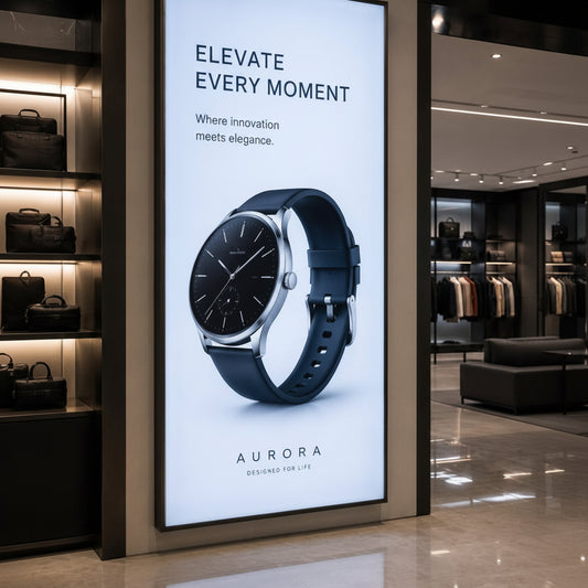 Vertical backlit fabric light box used for premium product advertising inside a retail showroom