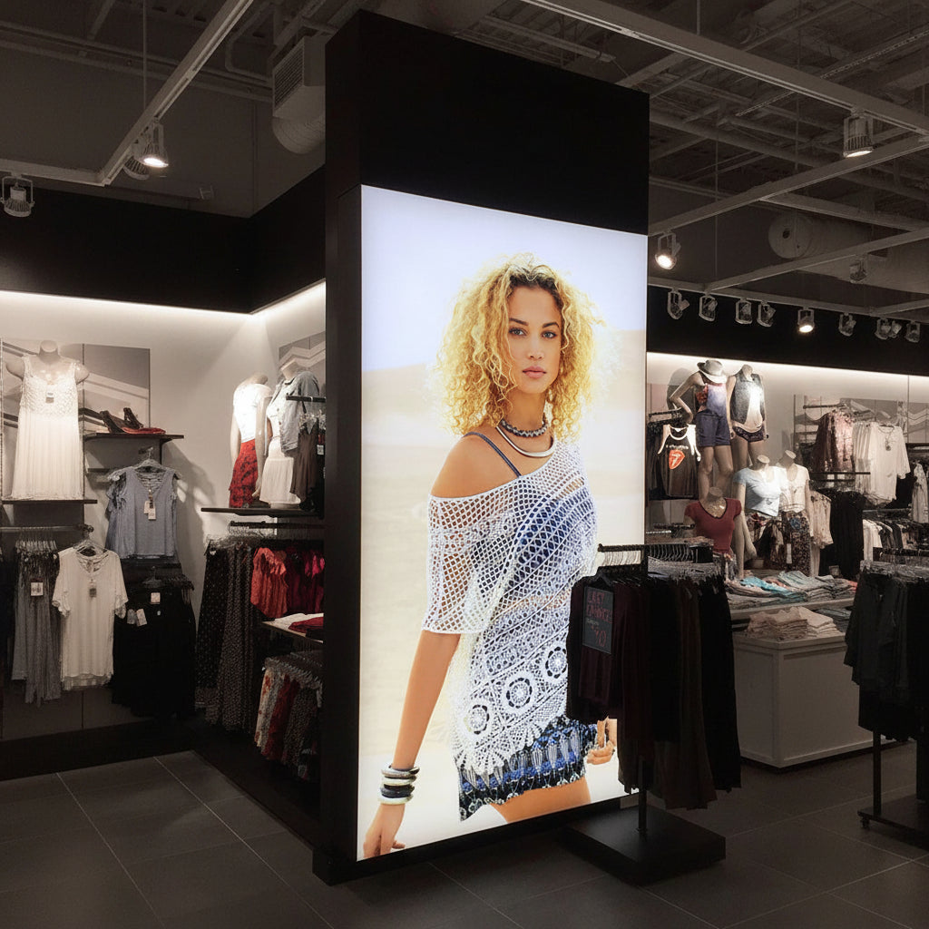 Vertical backlit fabric light box panel used as a fashion retail display