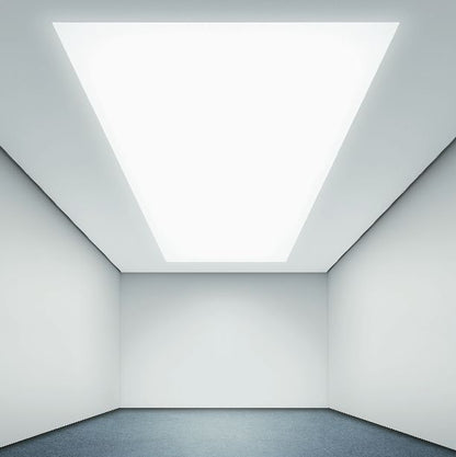 Large white LED fabric ceiling light panel creating a seamless illuminated ceiling feature