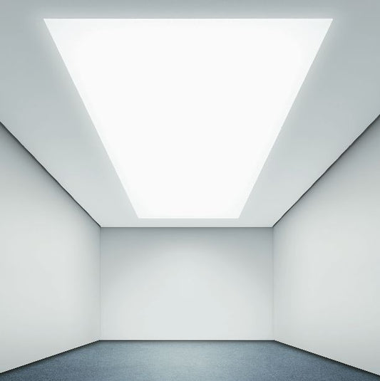 Large white LED fabric ceiling light panel creating a seamless illuminated ceiling feature