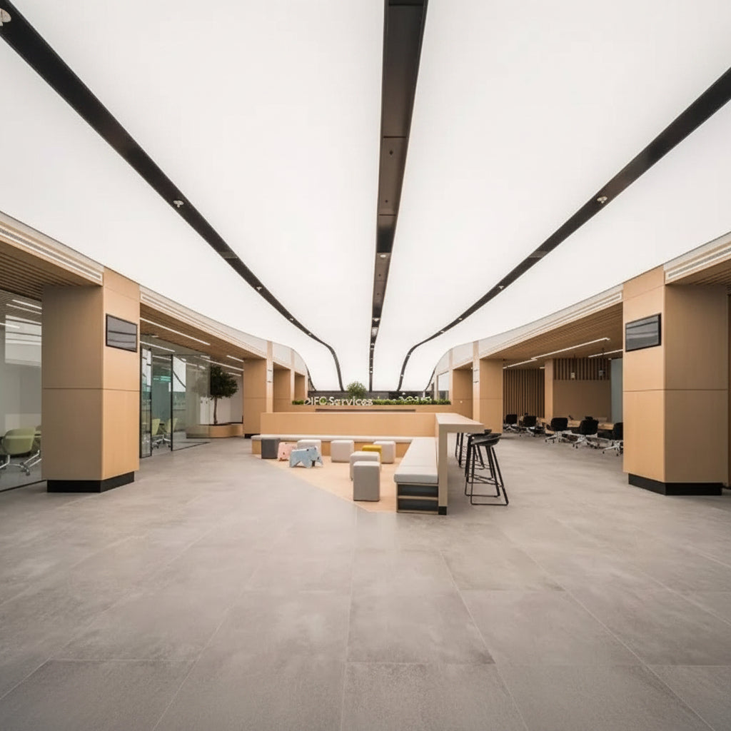 Large linear LED fabric ceiling panels providing soft white illumination in a contemporary commercial interior