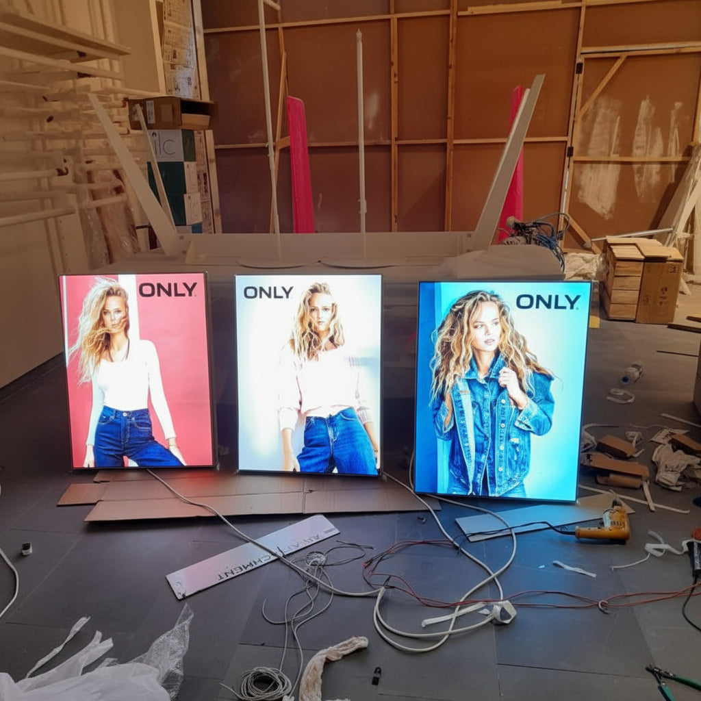Multiple vertical backlit fabric light box panels used for fashion retail advertising