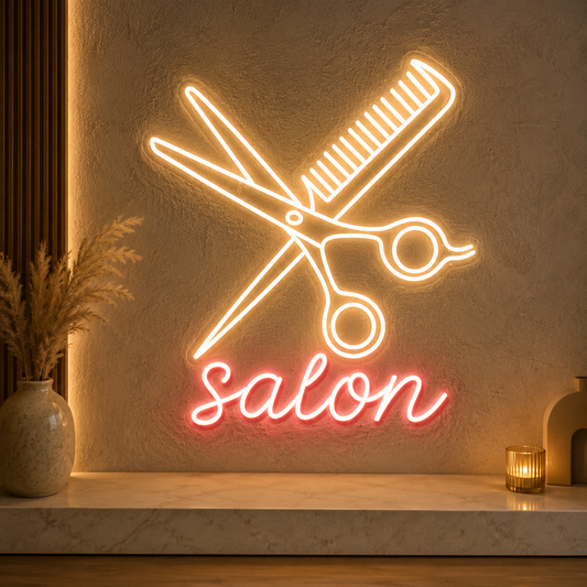 Modern salon LED neon wall sign with scissors and comb design for hair studio and beauty salon décor