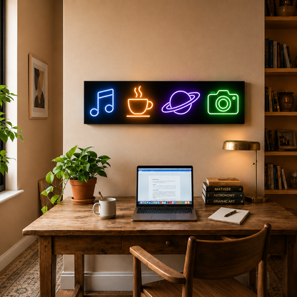 Modern LED neon wall art with music, coffee, space and photography symbols for studios and entertainment rooms