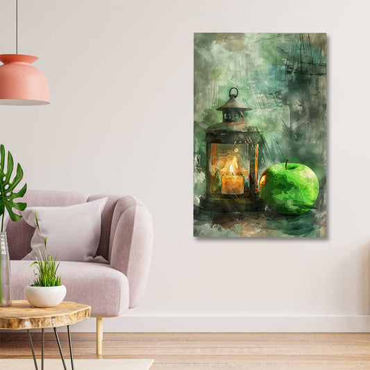 Lantern with green apple still life canvas painting modern aesthetic wall art for home decor