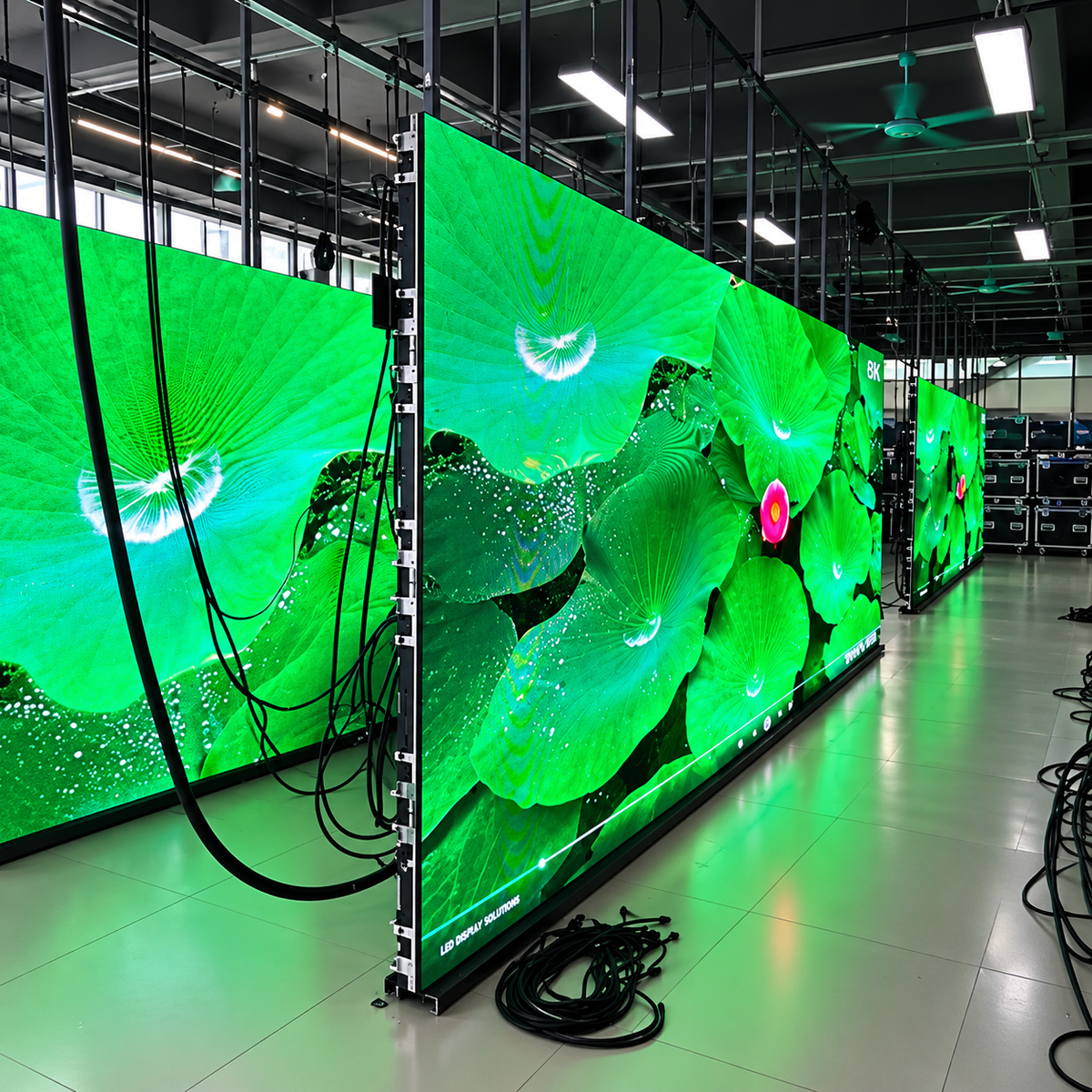 Modular large LED video wall screen showing colourful digital content for commercial advertising and branding