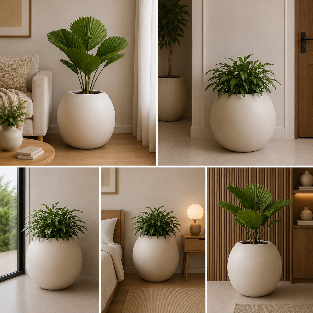 Modern spherical planters with tropical plants for designer spaces