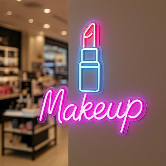 Lipstick Makeup  Neon Sign | Custom Neon Sign | Neon for Salon Neon sign of a lipstick with 'Makeup' text in a store setting