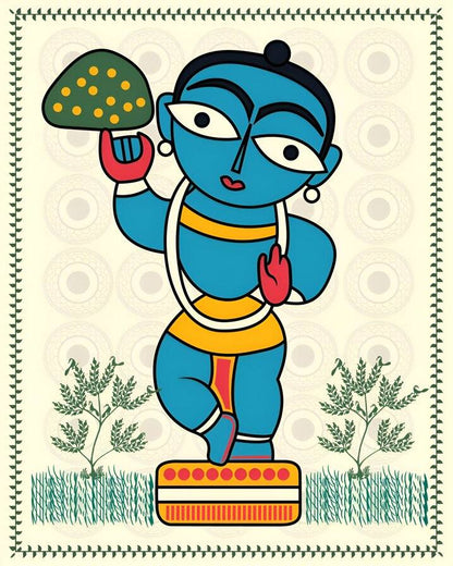 Little Krishna Canvas Wall Frame | Bal Krishna Canvas Painting for Decor Illustration of a blue deity holding a leaf, with a decorative border and plants on a beige background.