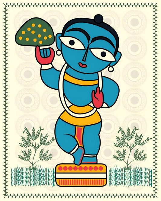 Little Krishna Canvas Wall Frame | Bal Krishna Canvas Painting for Decor Illustration of a blue deity holding a leaf, with a decorative border and plants on a beige background.