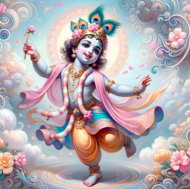 Little Krishna Wallpaper | Wallpaper for Dancing Room 
Colorful depiction of a divine figure with ornate attire and jewelry, surrounded by flowers and swirling patterns.