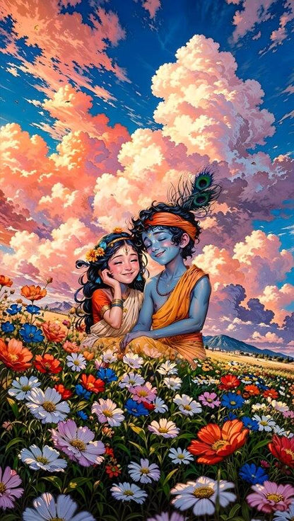 Little Radha Krishna Scene | Peel & Stick Home Wallpaper Two characters sitting in a field of flowers with a colorful sky