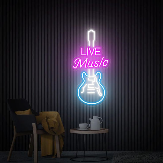 Live Music Guitar Neon Sign | Custom Neon Sign | Neon for Living Room  Neon sign of a guitar with 'Live Music' text on a dark background