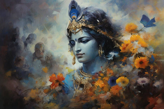 Lively Colors Lord Krishna Canvas Painting for Living Room  Artistic depiction of a divine figure with flowers and intricate jewelry