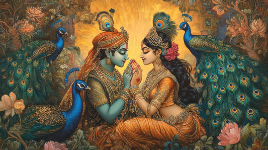 Lively Colors Radha Krishna Canvas Painting for Living Space Artistic depiction of two figures in a mystical setting with peacocks and flowers.