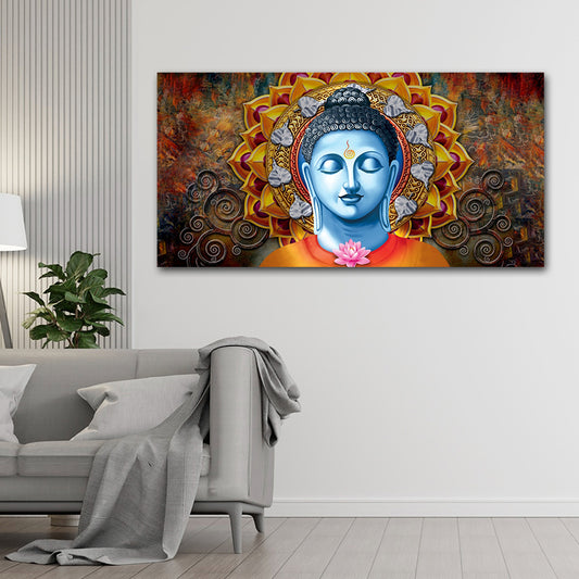 Lord Buddha Canvas Painting Wall Frame | Meditating Lord Buddha Big Large Size Canvas Painting Wall Frame (24x48 Inches)
 Colorful Buddha painting on a wall above a gray sofa.